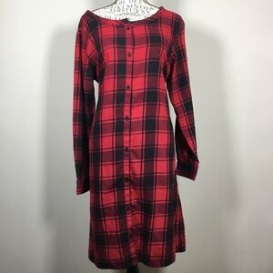 Plaid red and black scoop neck ling sleeve button down midi dress sz M country
